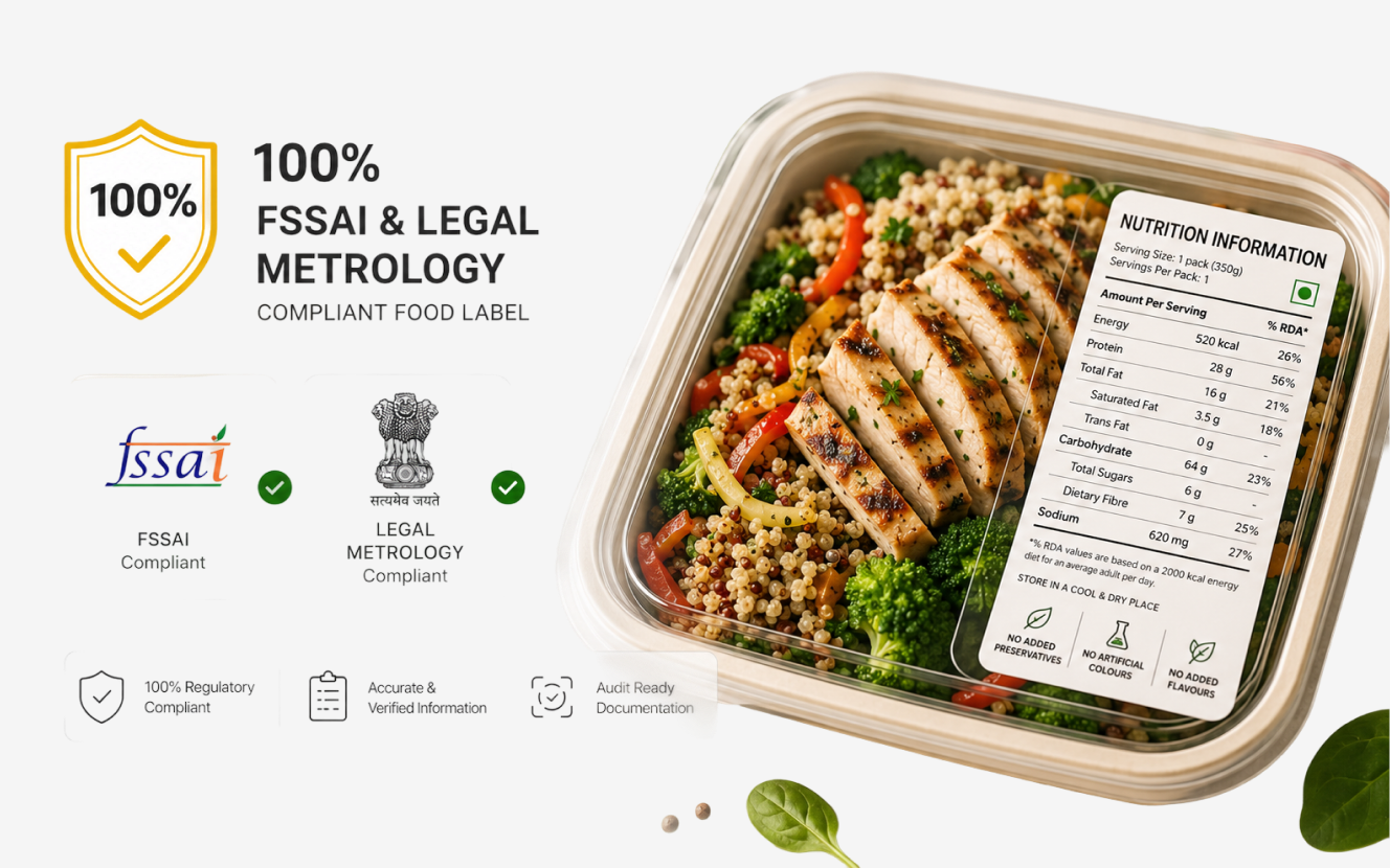 100% FSSAI and Legal Metrology Compliant Food Label