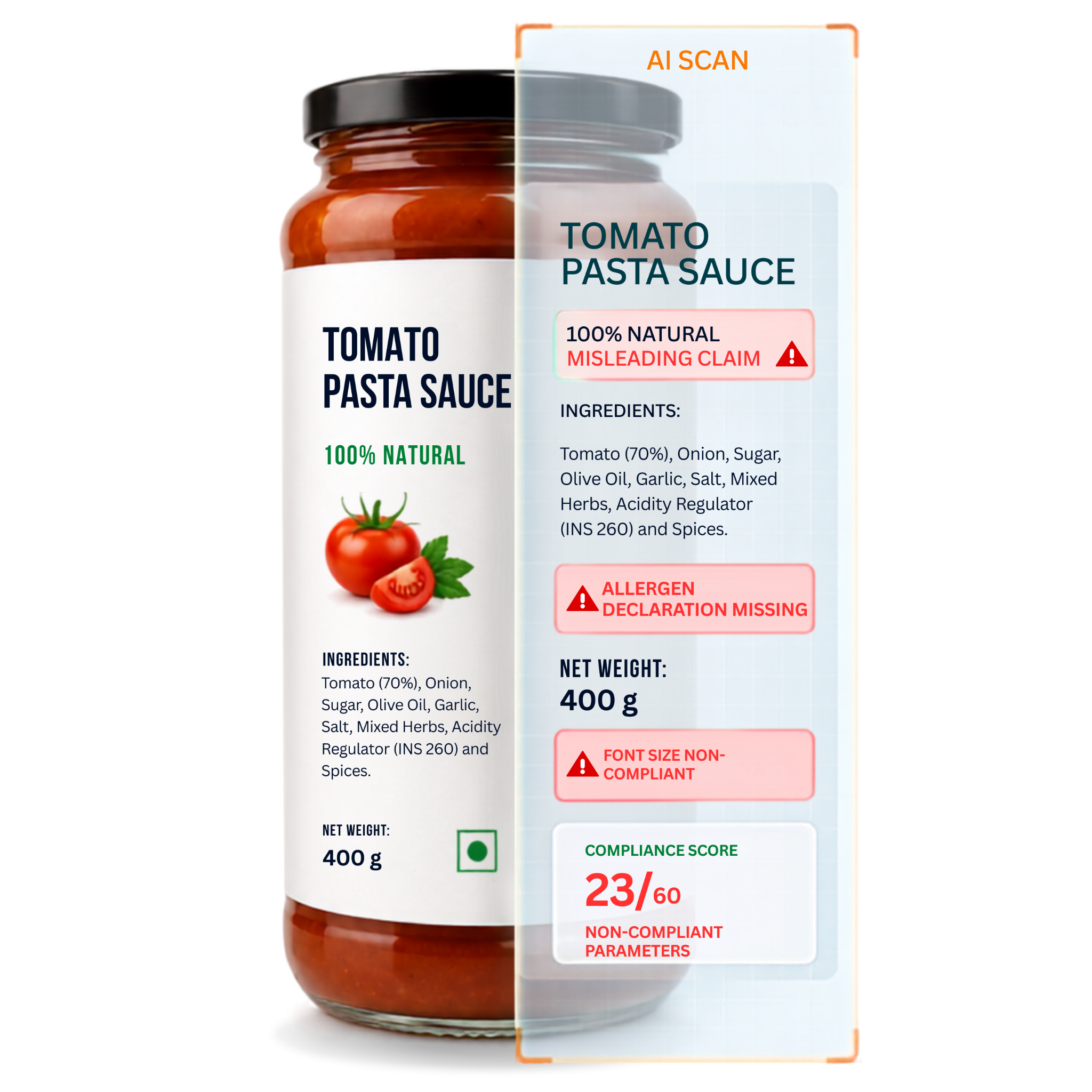 AI scan of a food label highlighting non-compliant parameters