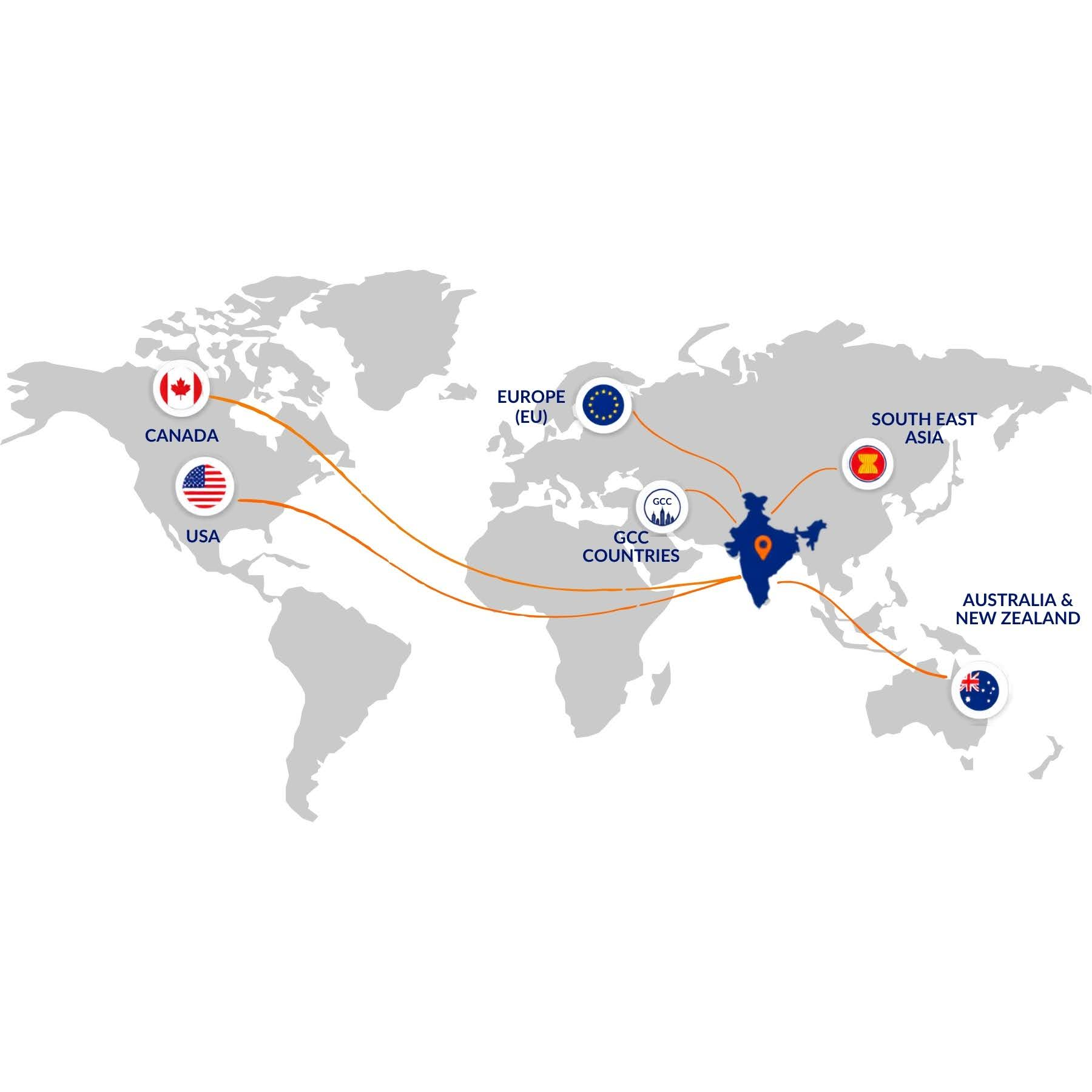 Multi-country export labelling map from India to global markets