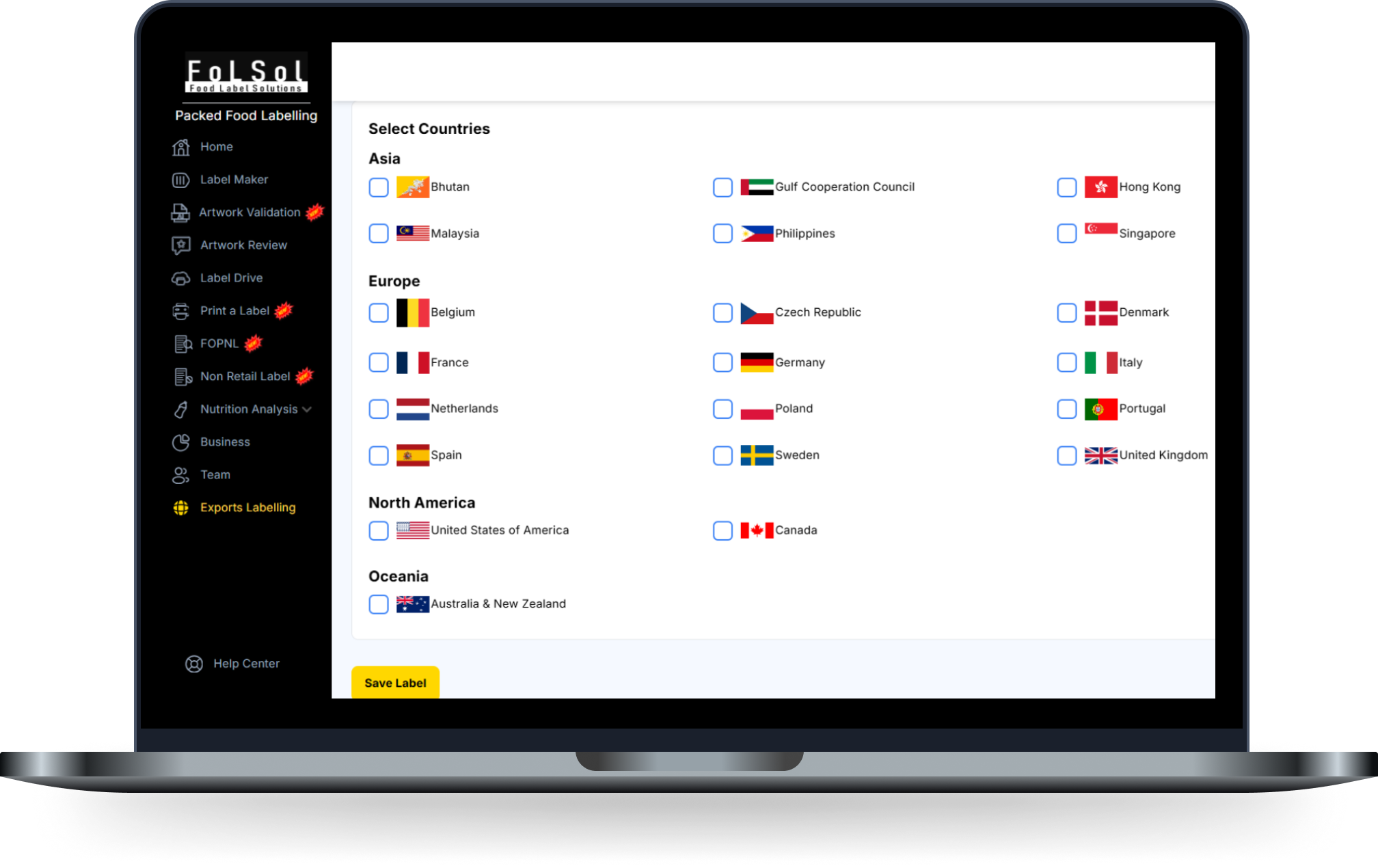 FoLSol packed food labelling software showing multi-country label selection